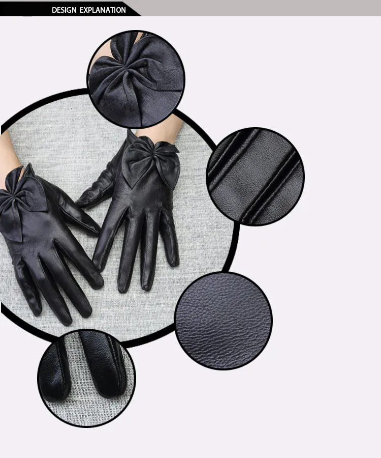 Leather Gloves Female Autumn Winter Real Leather Gloves Sheepskin Short Style Fashion Butterfly Knot Woman's Driving Gloves WL08
