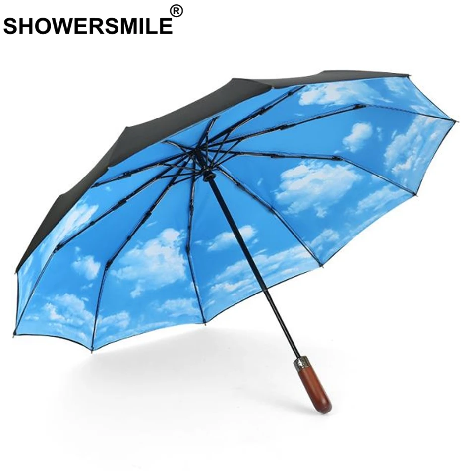 Автоматический зонт SHOWERSMILE для мужчин складной с белым облаком двухслойный