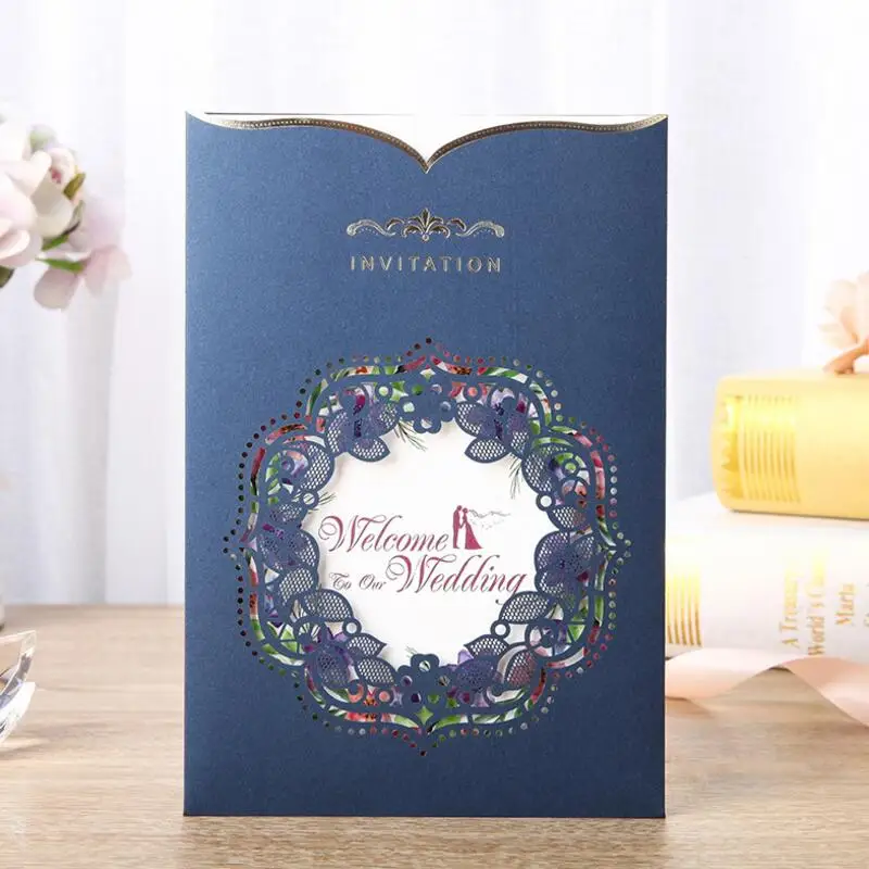 

50pcs/lot High Quality Blue Wedding Invitation Card 186*127mm Hollow Lace Flower Laser Arts Event Party Invitations