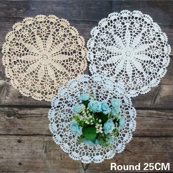 

25CM Round Pastoral Cotton Lace Christmas Placemat Crochet Flowers Table Coaster Cloth Kitchen Dinner Doily Tea Mug Wedding Pad