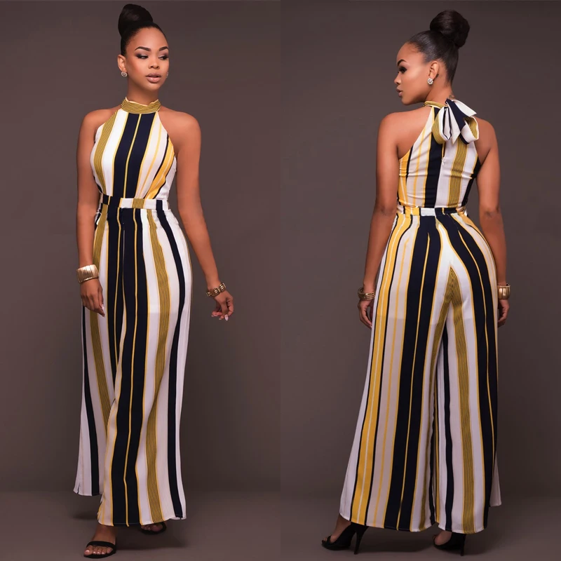 Женский комбинезон в полоску элегантные длинные широкие брюки с лямкой на шее