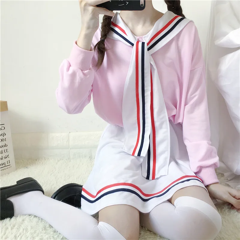 Japanese Harajuku Sweet And Lovely Two-piece Spring Navy Sailor Suit Jacket + High Waist A-line Skirt |