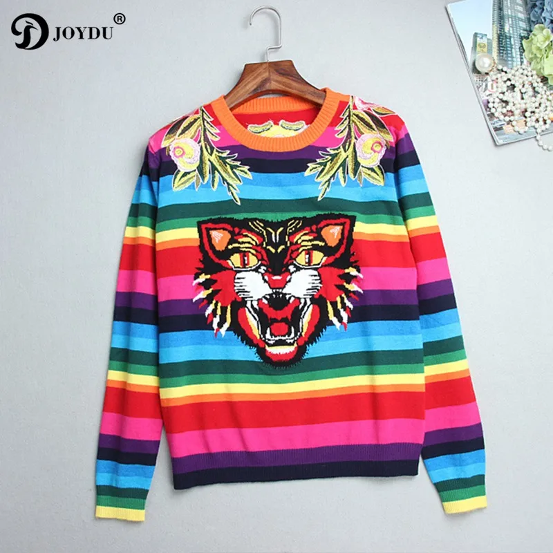 JOYDU 2018 Runway Designer Winter Sweater Women Flower Embroidery Tiger Rainbow Stripe Knitted Casual Pullover Jumper pull femme | Женская
