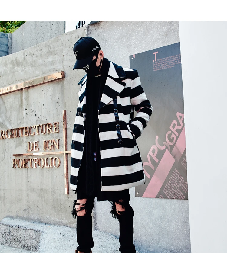 New Arrival Darkly Western Style Fashion Slim Mens Mid-Long Wool coat Hip Hop Autumn Male Casual Striped Overcoats Streetwear