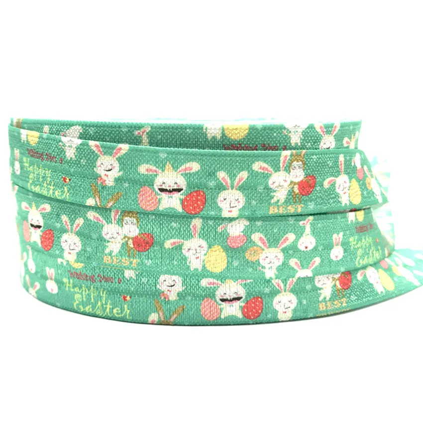 Hot Sell Rabbit Printed Fold Over Elastic 5/8'' Happy Easter Egg FOE Ribbon DIY Apparel Sewing Webbing Hair Tie Accessory 10Y