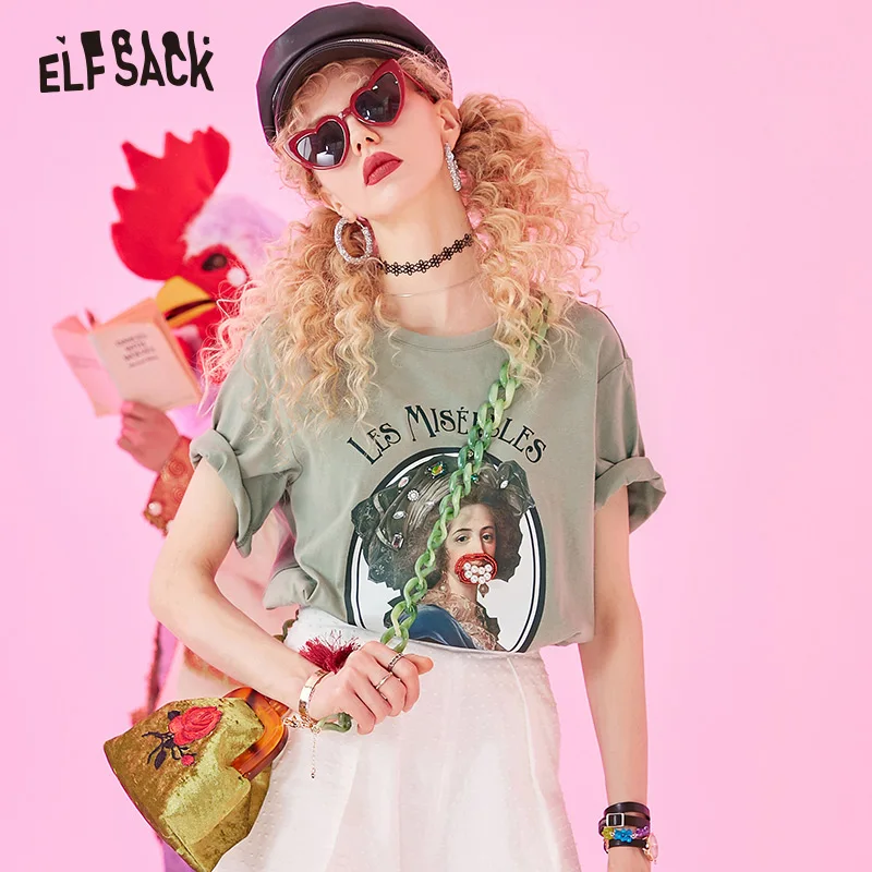 Женская хлопчатобумажная футболка ELF SACK цвет хаки свободная повседневная с