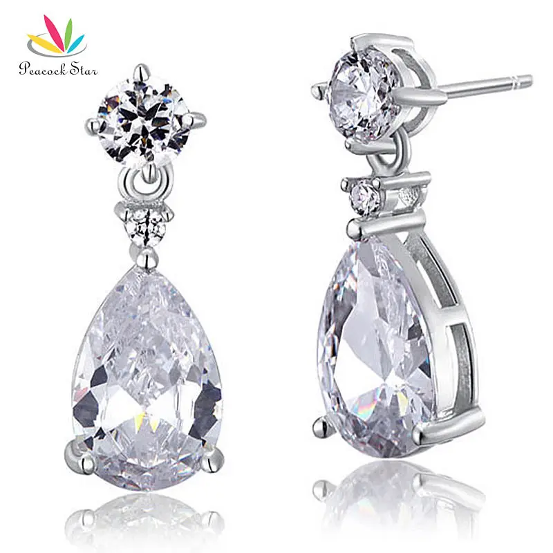 

Peacock Star 3 Carat Pear Wedding Earrings Solid 925 Sterling Silver Bridal Bridesmaid Dangle Jewelry CFE8031