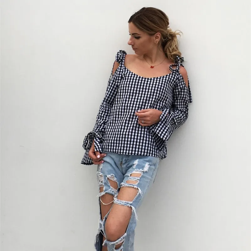 casual cold shoulder long sleeve shirt summer checkered womens tops and blouses plus size plaid shirts chemise femme haut 7511 |