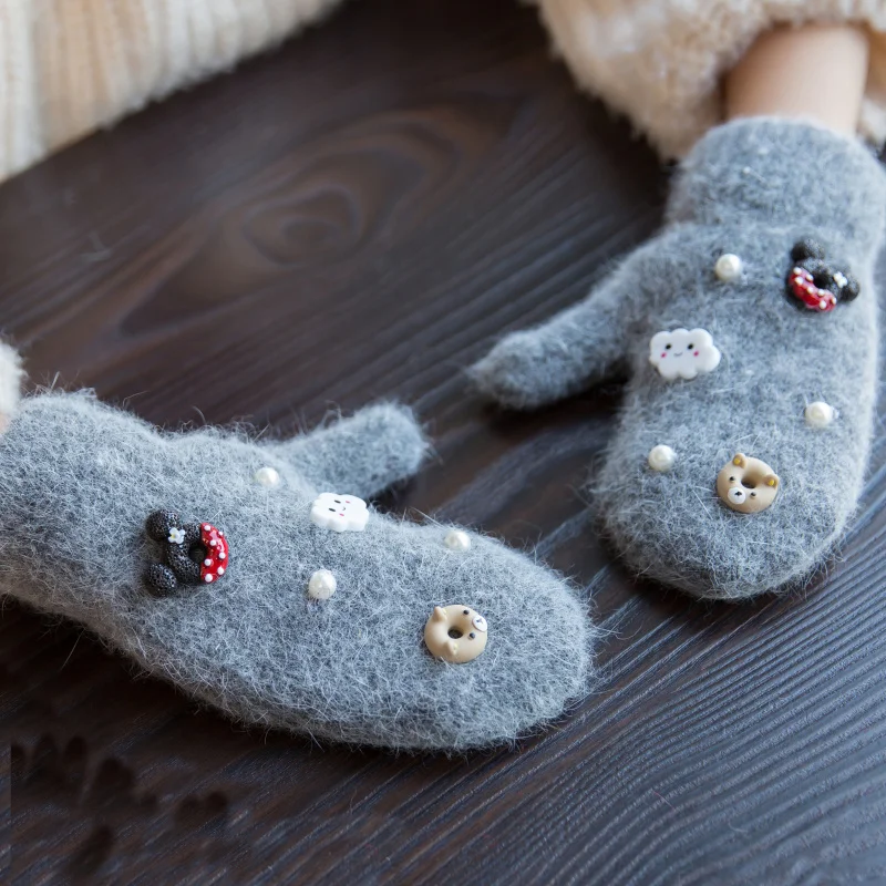 Осень-зима милые перчатки для девочек с Микки из меха кролика шерстяные