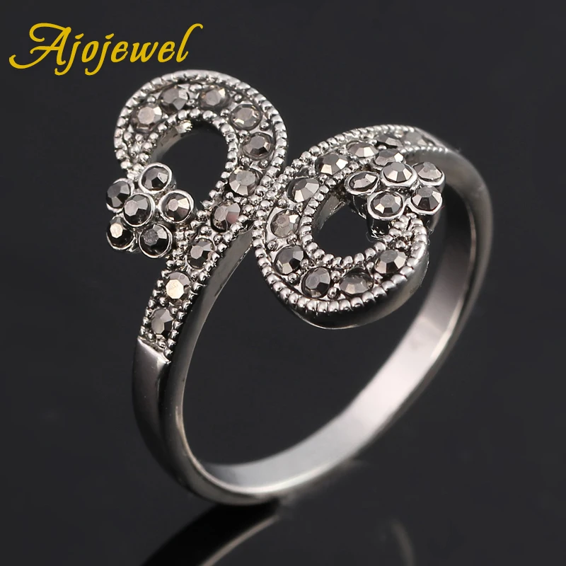 Женское Винтажное кольцо Ajojewel черное с двойным цветком стразы|Кольца| |