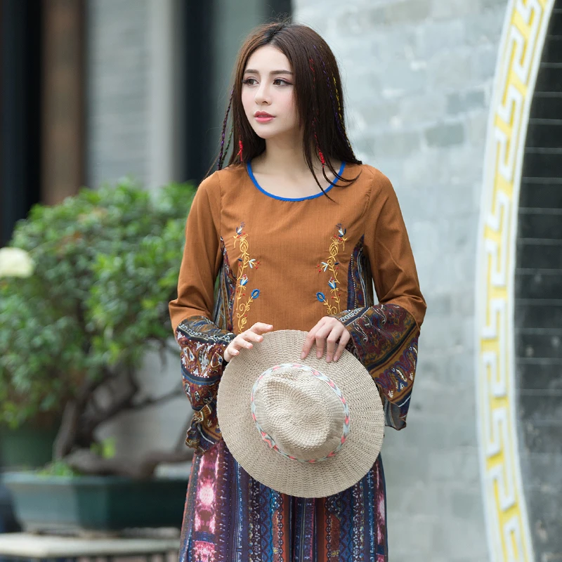 Ethnic Flower Embroidered O-neck Flare Sleeve women shirts korean fashion clothing womens tops and blouses | Женская одежда