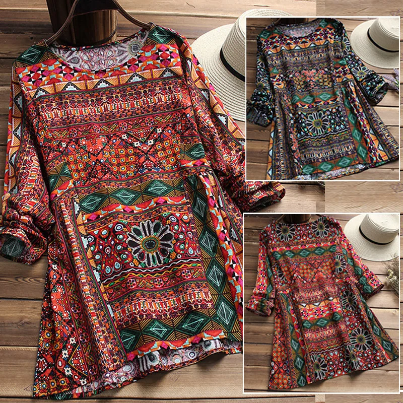 Футболка Платье Бохо в богемном стиле с длинным рукавом и круглым вырезом Vestiti Donna