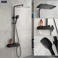matt black bathroom rain shower set system wall mounted mixer bath shower faucet with hook and placement platform