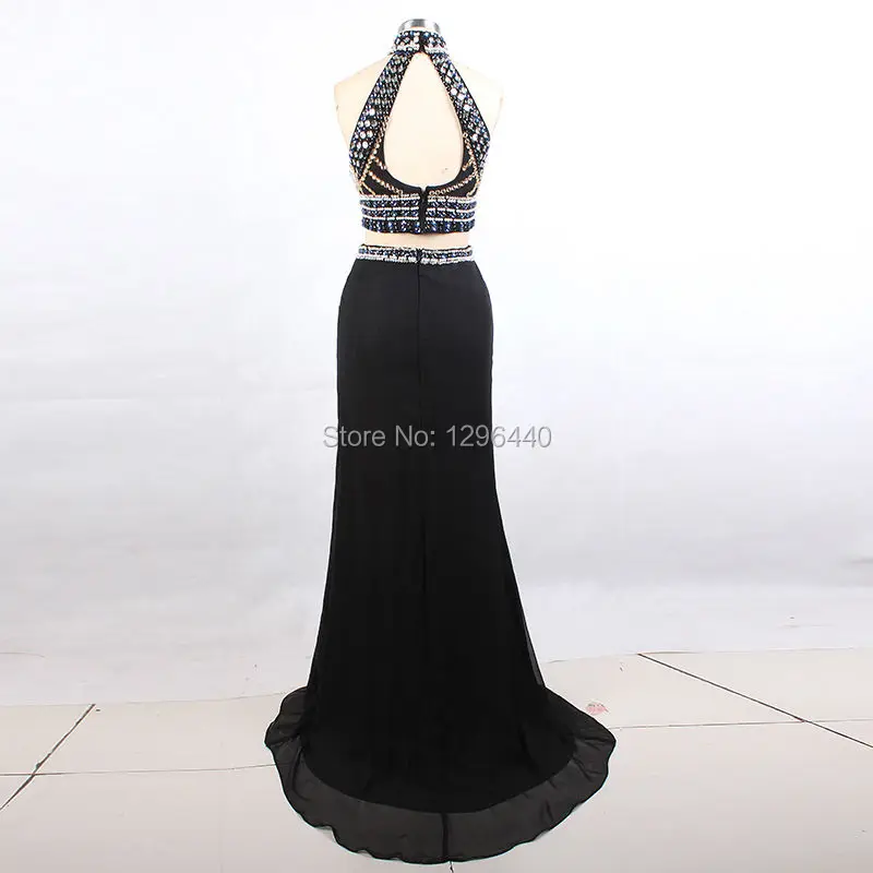 Халат Де Вечер Высокая Шея Длинные Вечерние Платья Черный Шифон Банкета Кристалл