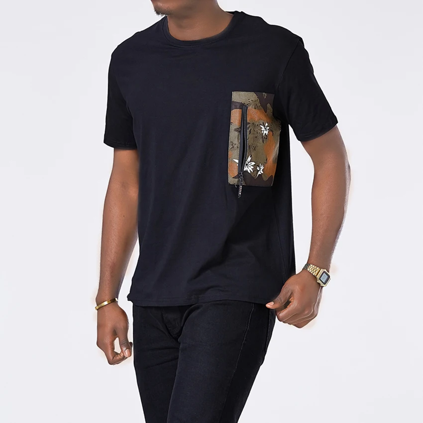 Мужская хипстерская футболка с карманом черная в стиле хип хоп пэчворк уличная