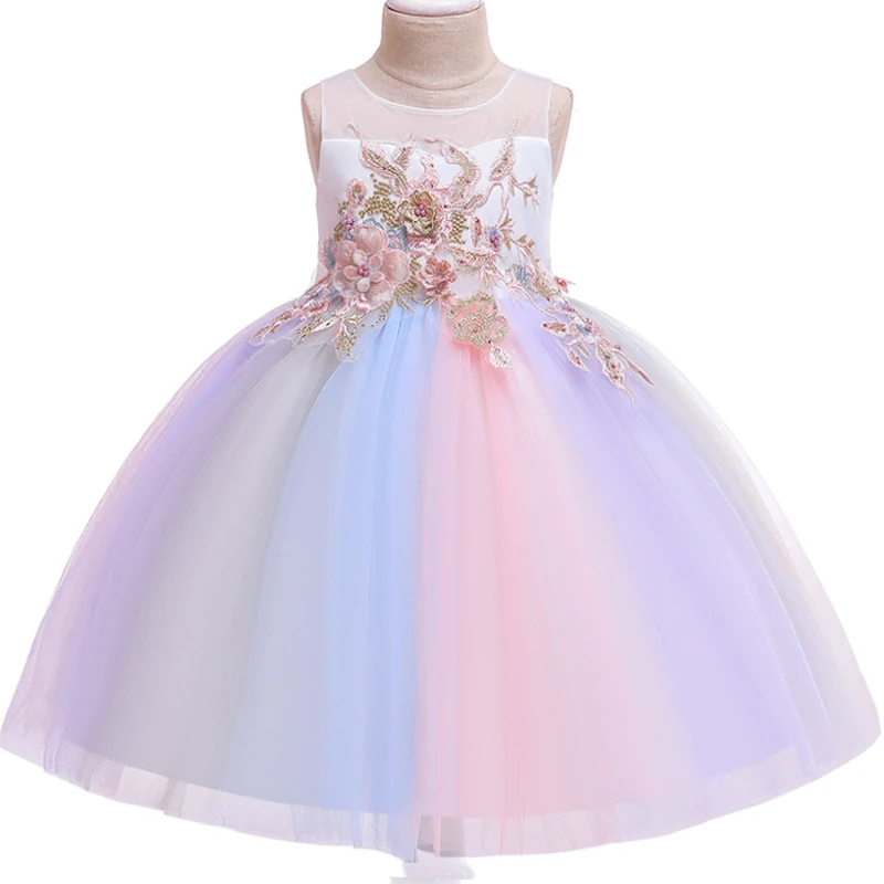 Бальное платье для девочек с цветами Радужное фатиновое свадебное праздничные