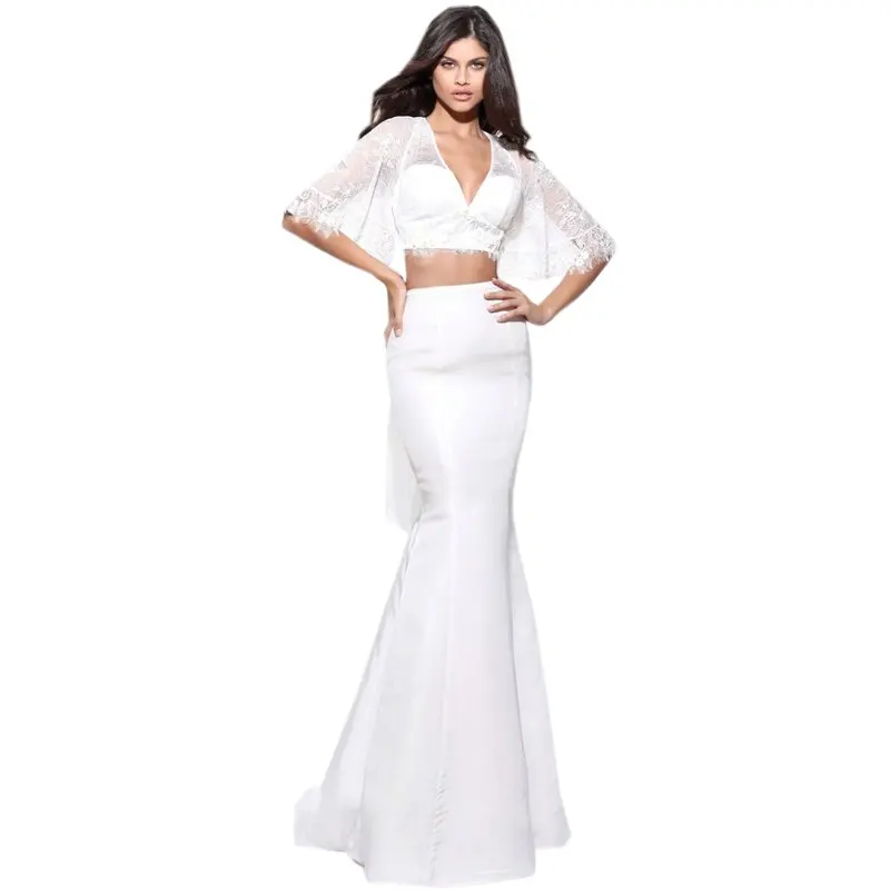 Урожай V шеи С Коротким Рукавом 2017 Вечерние Платья Две Пьесы дешевые Белый Для