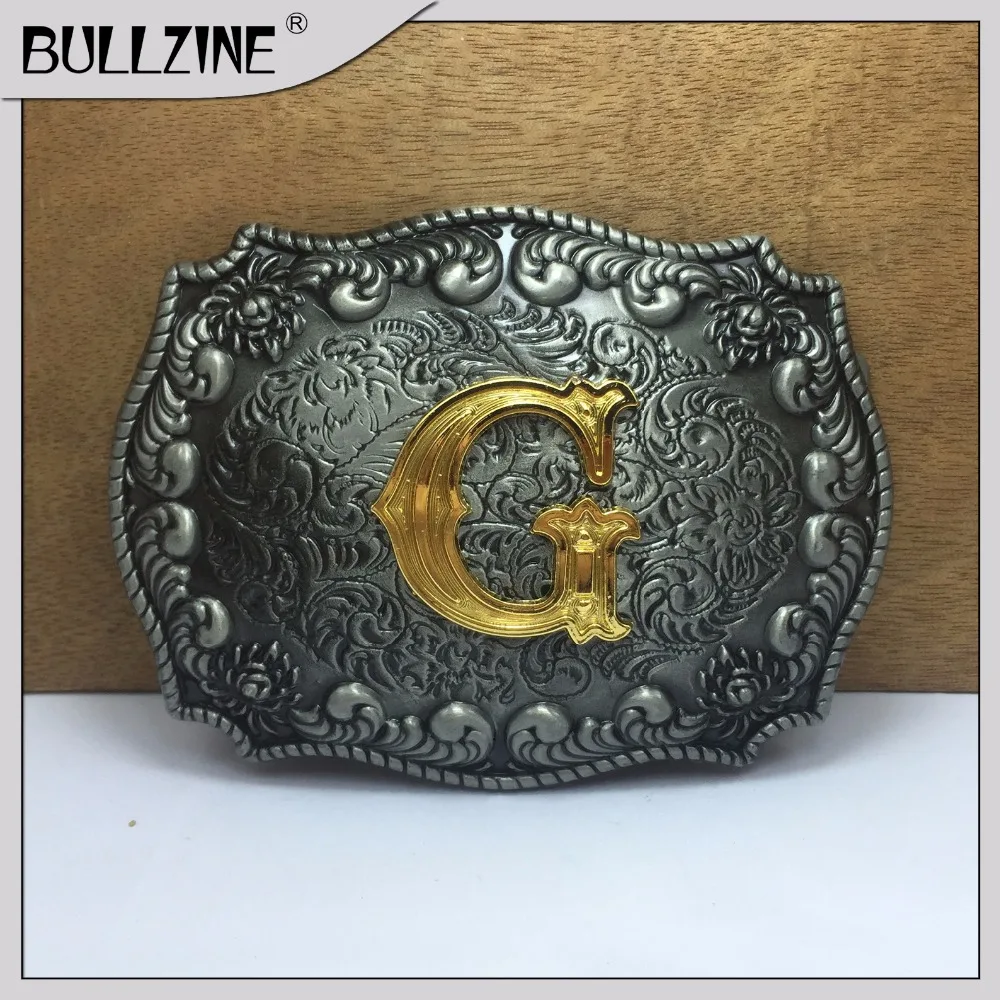 Пряжка для ремня Bullzine с буквой G оловом и золотым покрытием FP-03687-G подходит