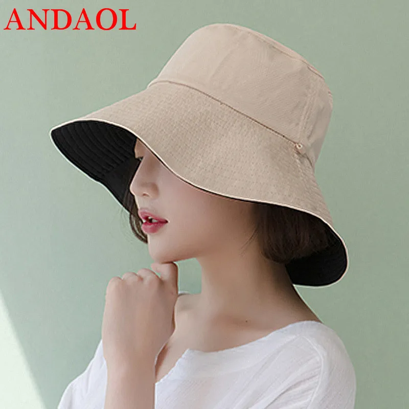 

ANDAOL Summer Casual Cap Solid Double Sided Large Brim Cotton Beach Sun Hat Fashion Simple Travel Celebrations Fisherman Hats