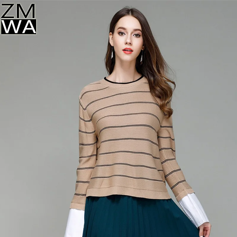 Classic College style design striped black and white sweater loose casual chic long sleeve shirt cuff knit | Женская одежда