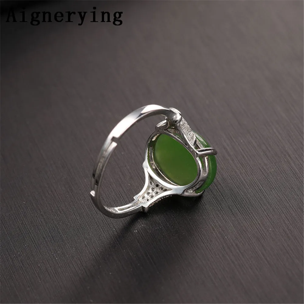 

925 Sterling Silver Vintage Certificate Natural green Jade Adjustable Hollow rings Cool Finger For Women Cute Gift tray Box
