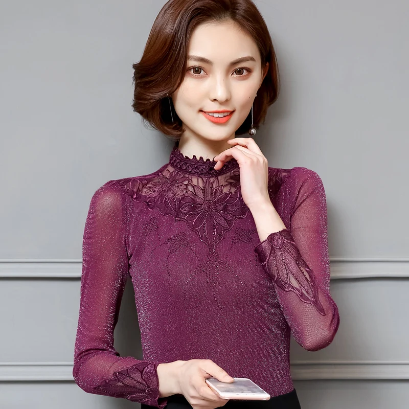 DHfinery lace women spring autumn stand long sleeve Flower embroidery perspective mesh black purple Elegant tops S6161