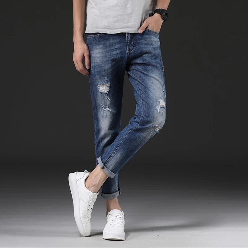 2018 лето голубой ботильоны Длина Для мужчин джинсы Slim Fit джинсовые штаны рваные