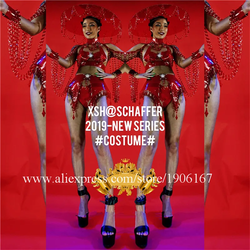 

Ballroom party sexy lady clothes bikini dance suit bra headwear nightclub bar red pendant crystal dance team female costumes