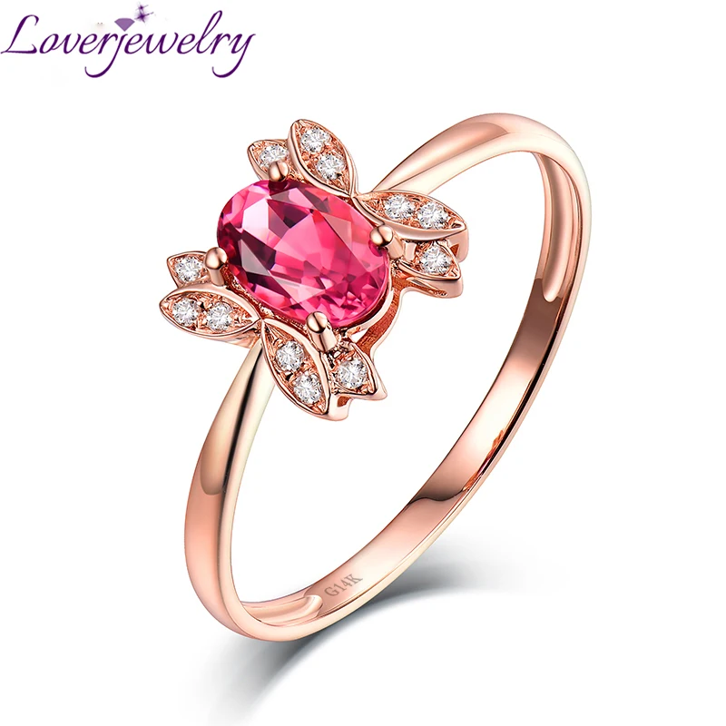 

LOVERJEWELRY Lady Tourmaline Rings Pure 14KT Rose Gold Pink Tourmaline Diamonds Ring Party Jewelry For Women Birthday Best Gift