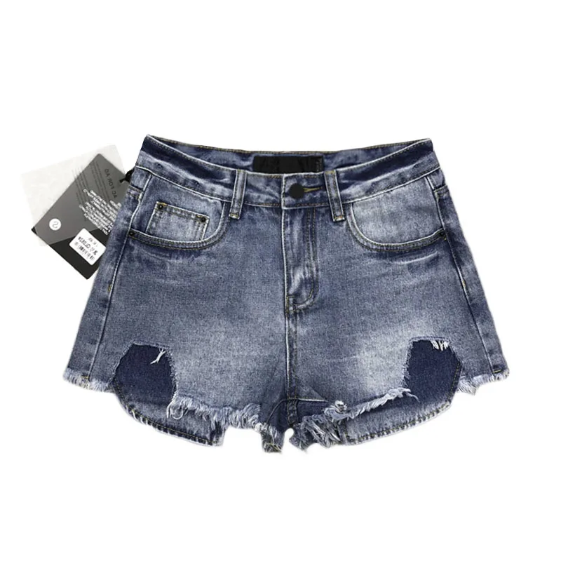 

Sexy Ripped Hole Fringe high waist Denim Shorts Women Casual Pocket Jeans Shorts Summer Girl Vintage blue Hot Short Jeans Women