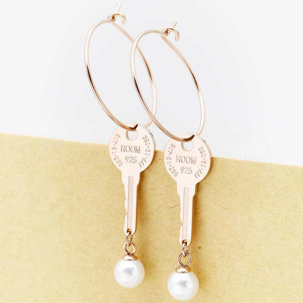 Rose Gold Hoop Earrings New Fashion Women Jewelry Key & Pearl Wholesale Stainless Steel For | Украшения и аксессуары
