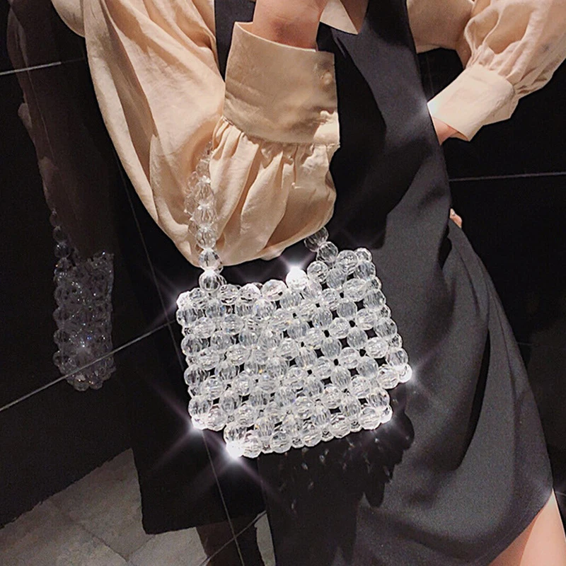 Новые женские элегантные плетеные сумки с бусинами модные вечерние через плечо