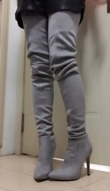dark grey Zapatos Mujer знаменитости Обувь WOMAN EXTREME высокая шпилька промежности пинетки над коленом высокие замшевые стрейч сапоги до бедра Высокие каблуки - Цвет: dark grey