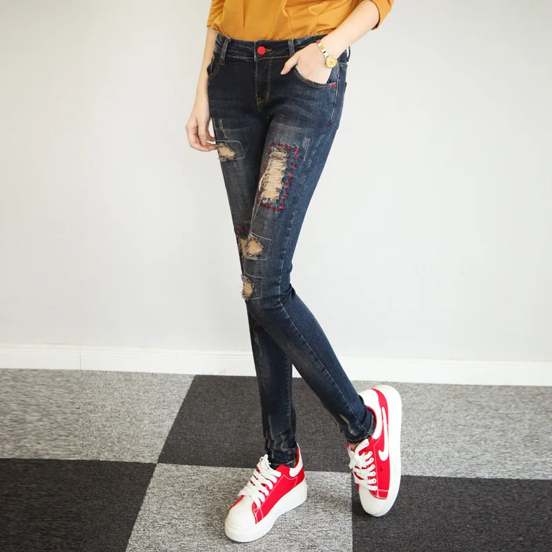 Новинка 2017 модные женские рваные джинсовые брюки с эффектом потертости