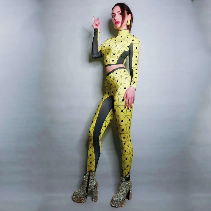 Фетиш ночной клуб сексуальный Zentai желтый костюм 2 шт. вечерняя одежда с длинным