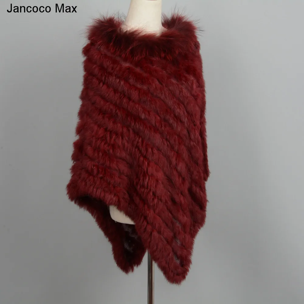 Jancoco Max Новое поступление Настоящее кроличье меховое Вязаное пончо воротник из меха енота шали женские зимние накидки пуловер S7110