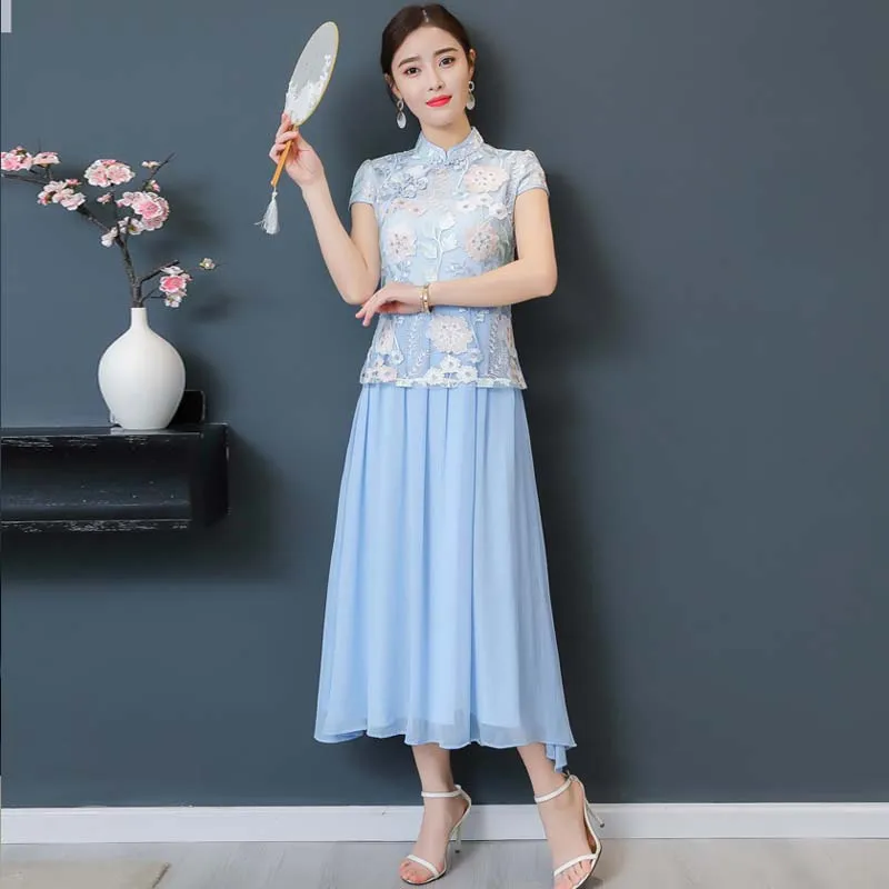 2018 новое летнее Длинное Платье женское Цветочная вышивка cheongsam кружевное