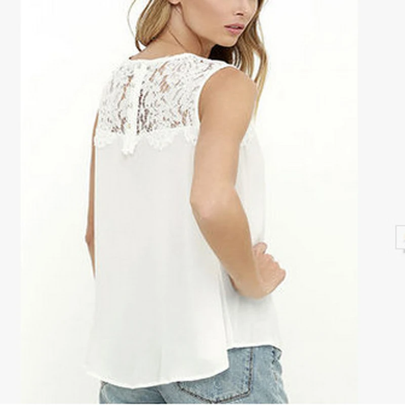Женские футболки белые кружевные полые шифоновые элегантные женские без рукавов