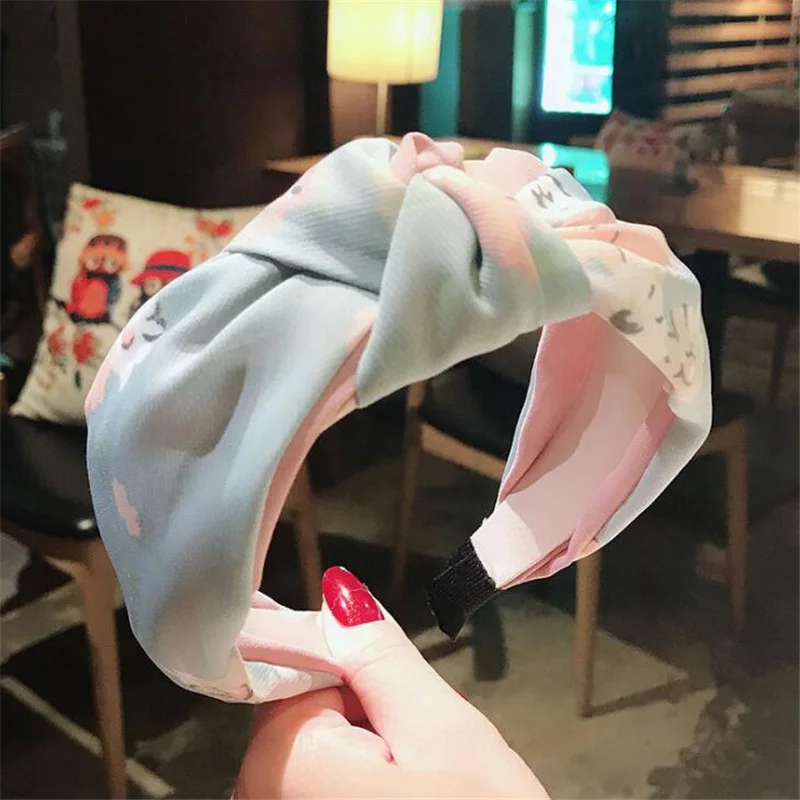 Blue Printed Модная весенне-летняя повязка для волос в клетку для женщин и девочек, повязка на голову в Корейском стиле, элегантные крестообразные аксессуары для волос с орнаментом - Цвет: Blue Printed