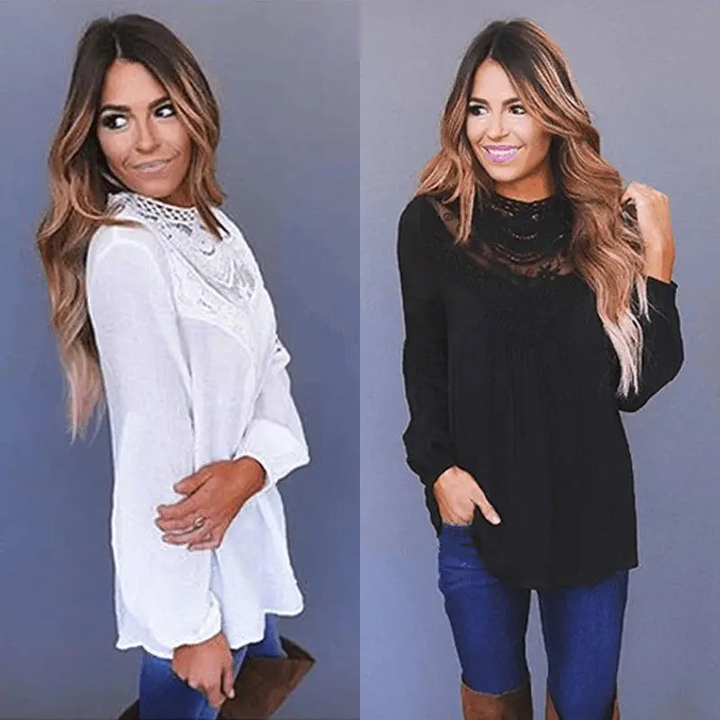 2018 Женская Повседневная кружевная блузка с длинным рукавом женские рубашки