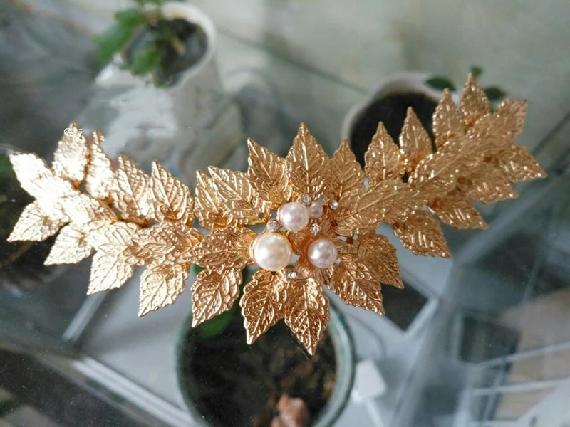 Женская Золотая тиара с жемчугом и листьями|wedding hair accessories|leaf tiarahair accessories jewelry |