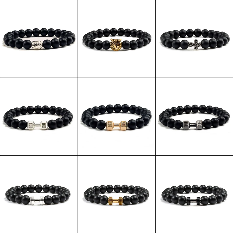 13 Style Natural Scrub Alloy Beaded Bracelets Dumbbell Owl Buddha Head Lucky Charm Stone Beads Women Man Jewelry Drop Shipping | Украшения