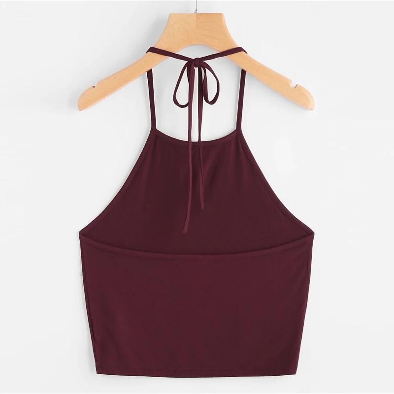 SHEIN, Boho, сексуальный, с завязками, на шее, Одноцветный, укороченный, топик, женский, летний, тонкий, на бретелях, с открытой спиной, для девушек, базовые Топы на бретельках