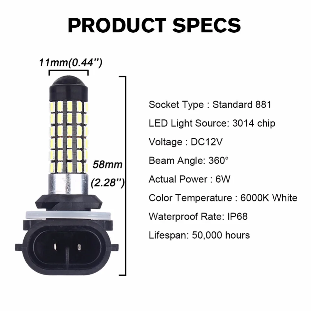 2шт 881 H27 высокий светильник 880 H11 H3 H1 3014 SMD светодиодный передний фонарь для