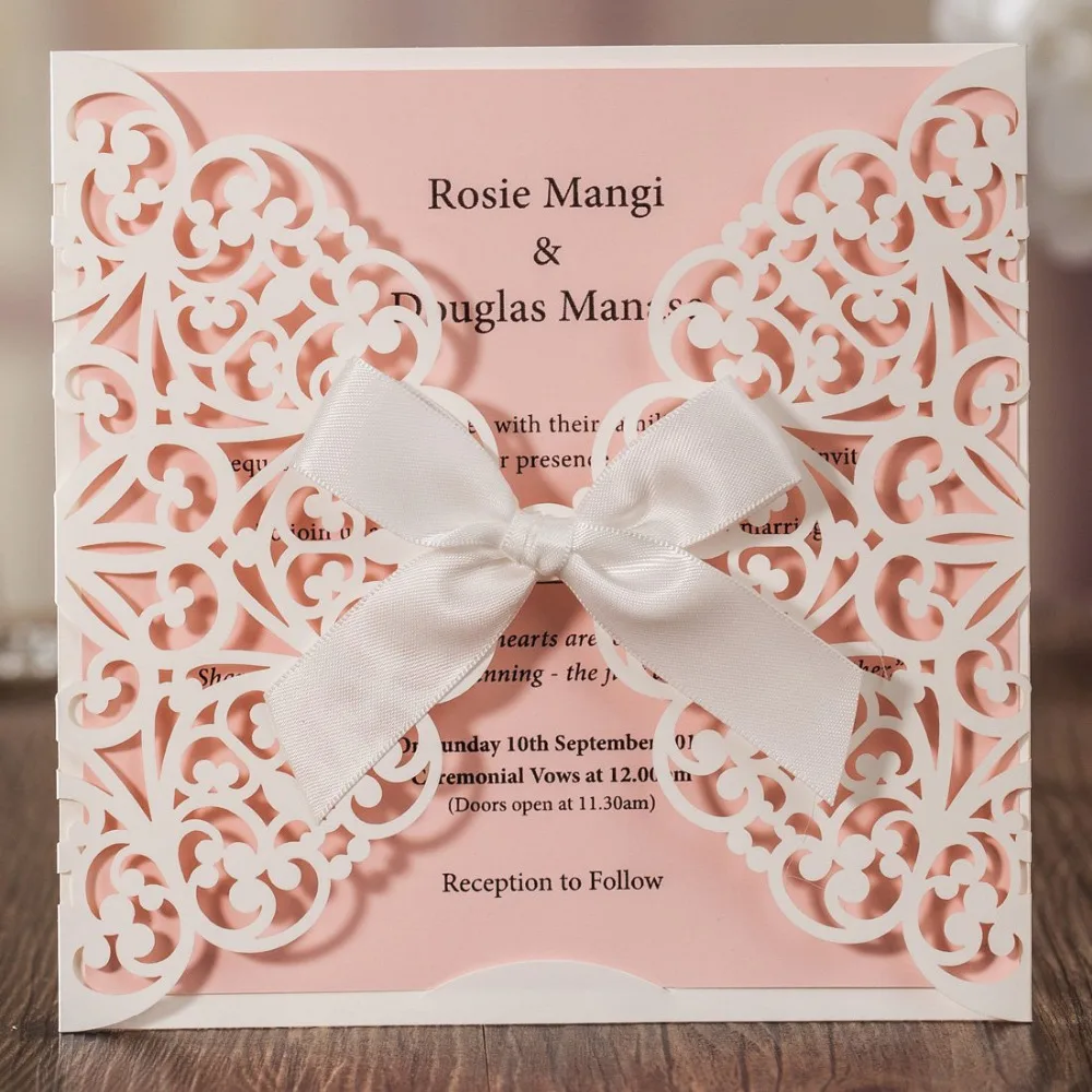 

20pcs Wishmade Ivory Square Laser Cut Lace Wedding Invitations with Bowknot Pink Inserts for Engagement Marriage Birthday CW6177