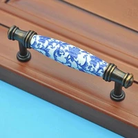 96mm fashion vintage white and blue porcelain furniture handle antique brass kitchen cabinet drawer pull bronze dresser handle