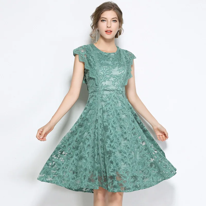 

Women's summer dress New High-end lace dress Round neck sleeveless slim slimming dress