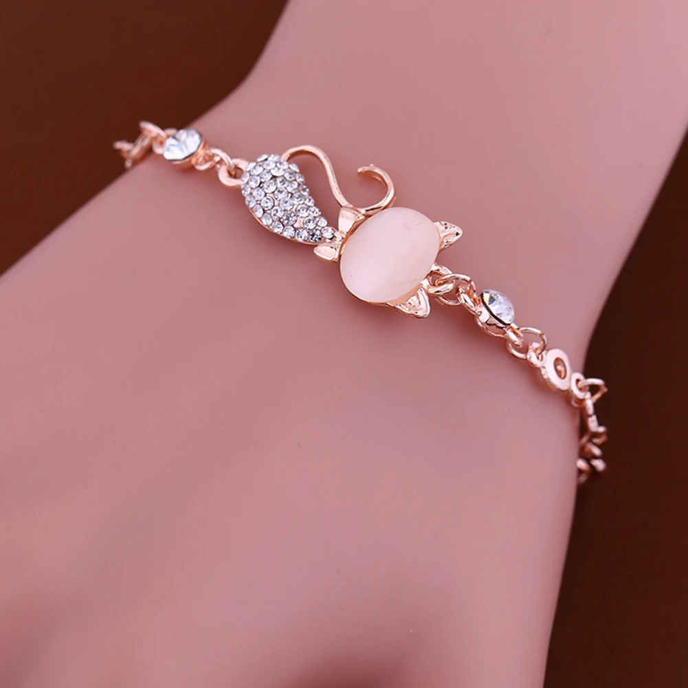 

Lovely Cat Pendant Women Ladies Opal Rhinestone Bangle Bracelet Chain Jewelry