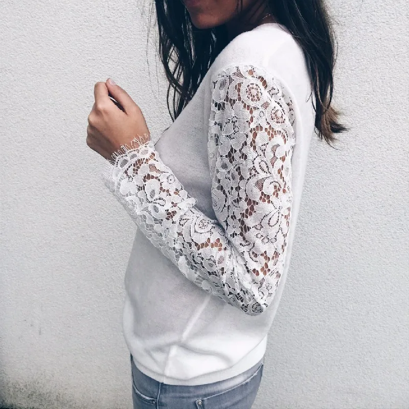 Кружевная футболка с v-образным вырезом Женская длинным рукавом осень весна
