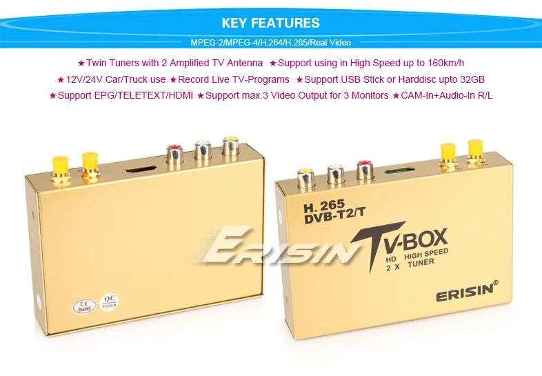 Erisin ES338-L автомобильный мобильный цифровой HDTV DVB-T2 приемник HEVC H.265 H.264 HDMI USB для ES79XX серии ES48XX серии
